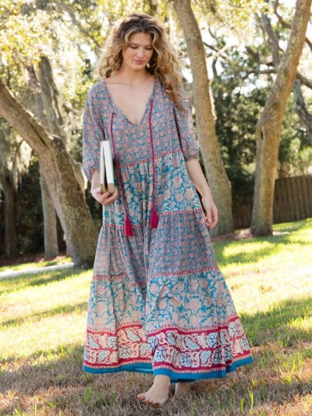Natural Life Auguste Maxi Dress Turquoise Red Floral Boho Chic Tassel Tiered M